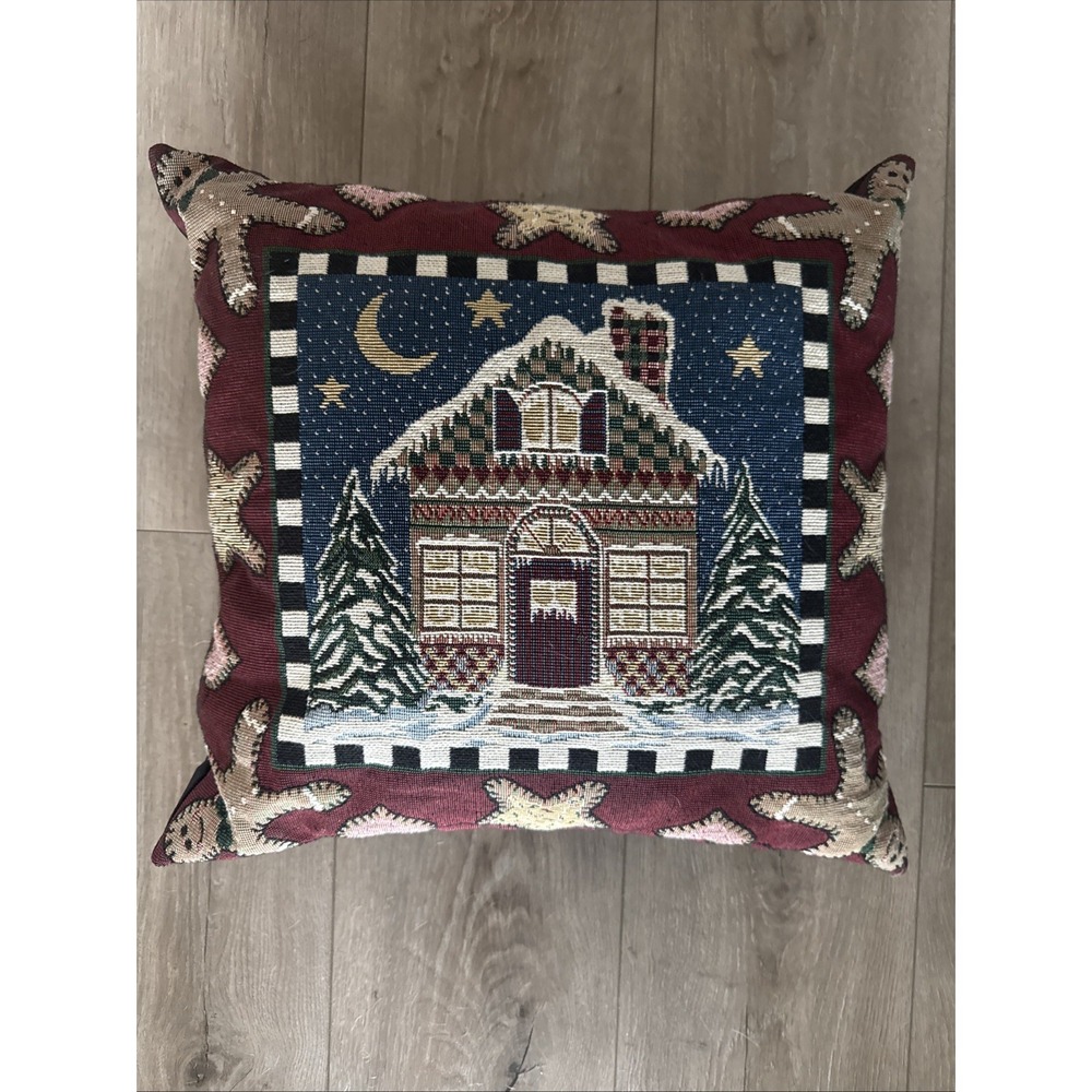 Vintage Tapestry 18" Pillow Gingerbread House & Men & Stars Snowy Night